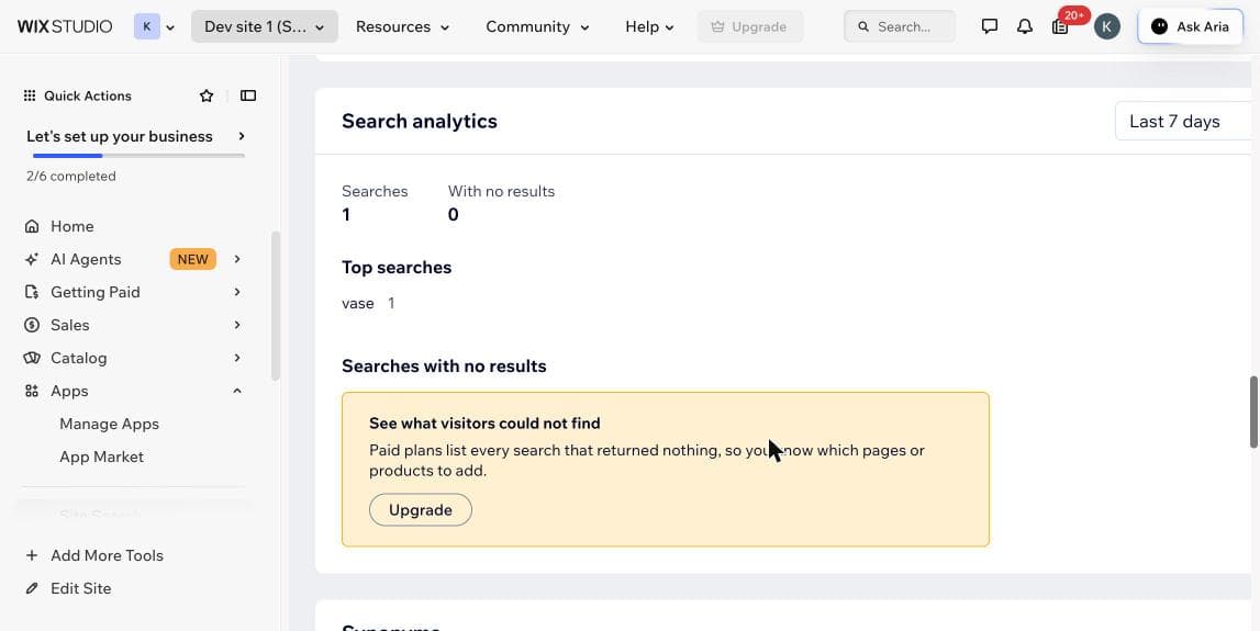 Search analytics: searches, searches with no results and top searches