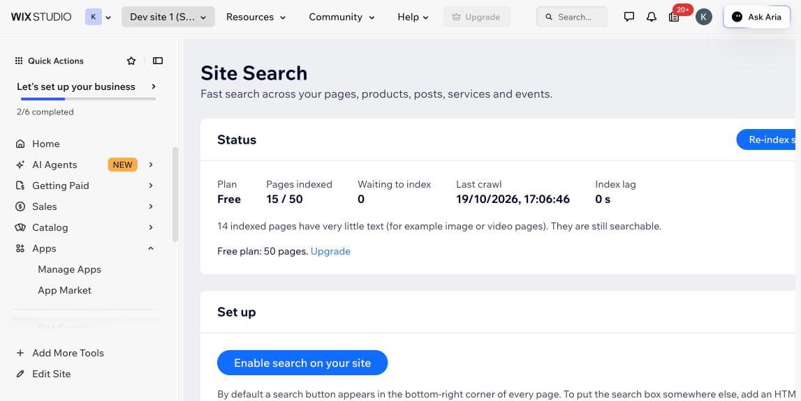 Status panel: plan, pages indexed 15 of 50, waiting to index, last crawl time and index lag